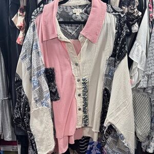 POL Women's Patchwork Button-Up Shirt - Pink, Cream, and Black